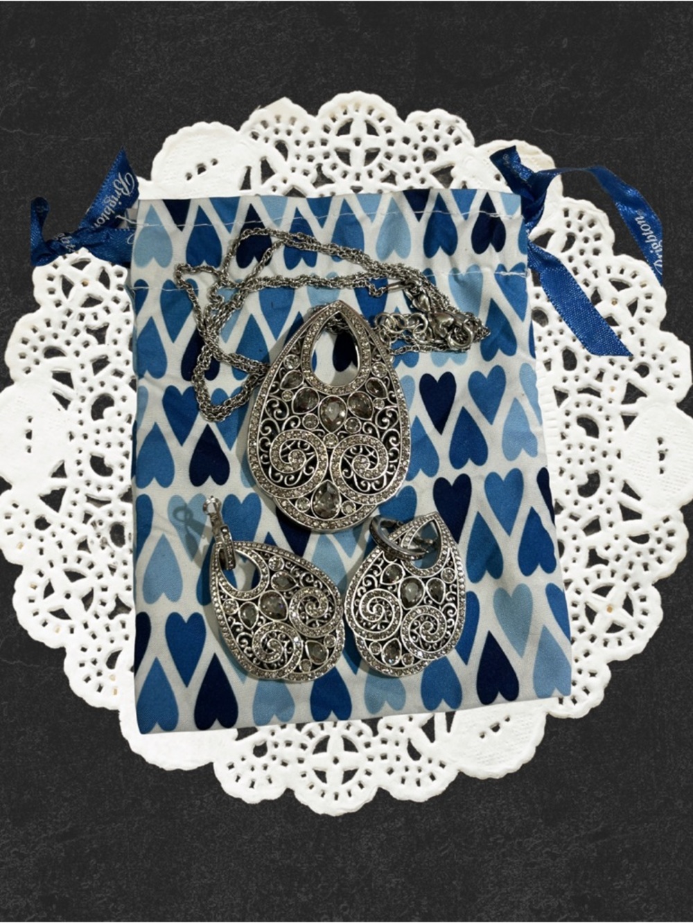 Brighton Silver Filigree Teardrop Necklace and Earrings Set